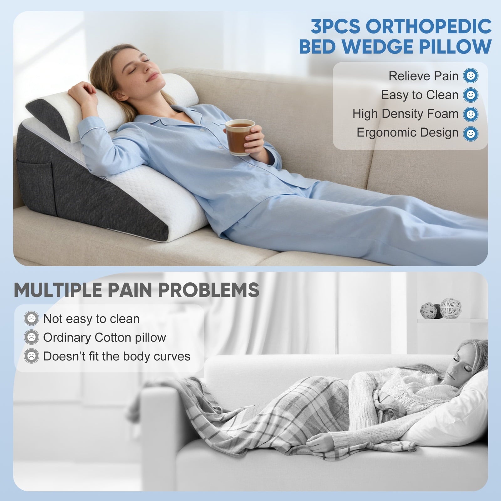 AMTPM Bed Wedge Pillow, Double Layer Memory Foam Wedge Pillow with Detachable Roll Pillow, Washable Cover & Side Pocket for Reading Relaxing
