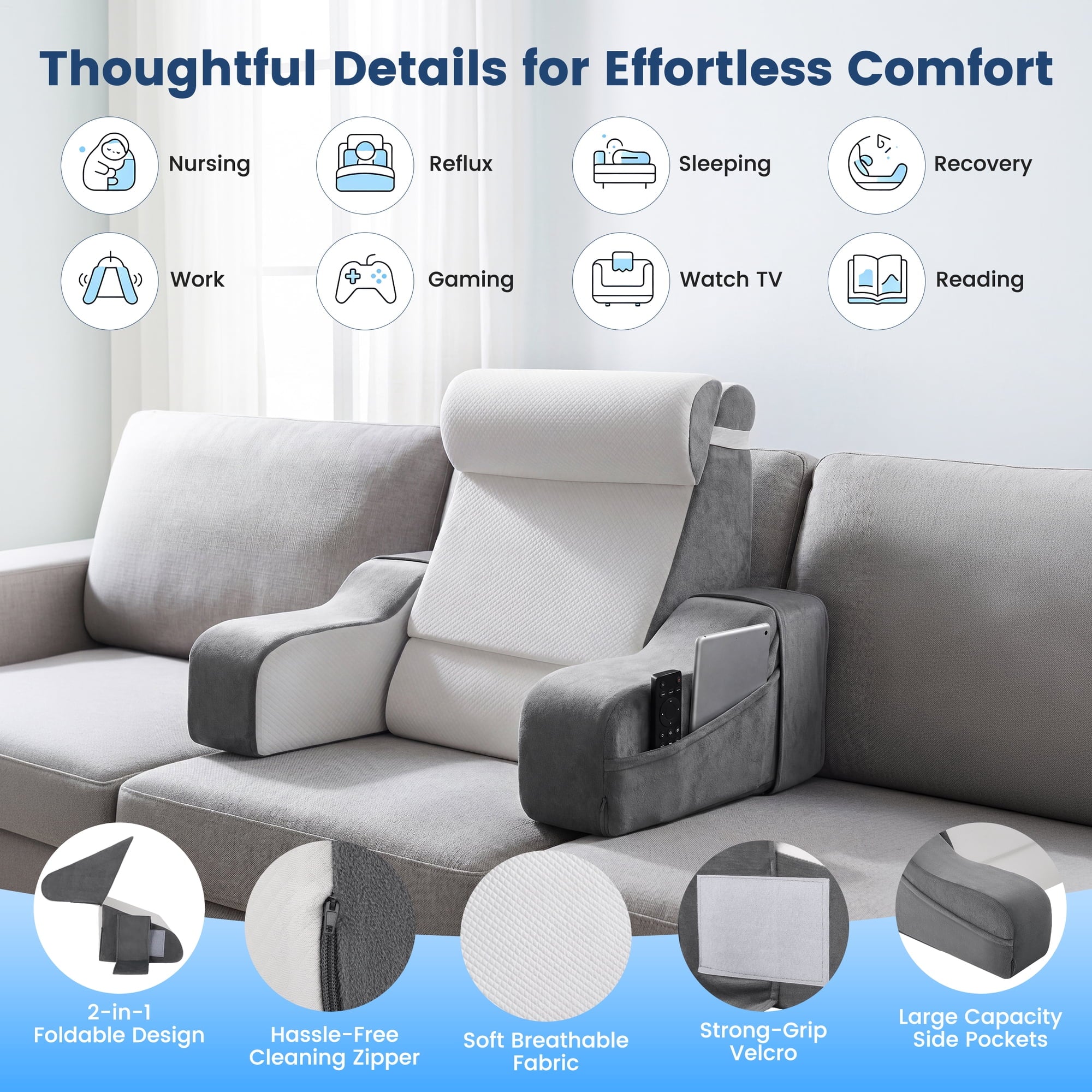 AMTPM Reading Pillow with Armrests, 2-in-1 Wedge Reading Pillow, 20°-55° Adjustable Bed Rest Pillow with Armrests, Convertible Wedge Pillow for Reading, Gaming, TV