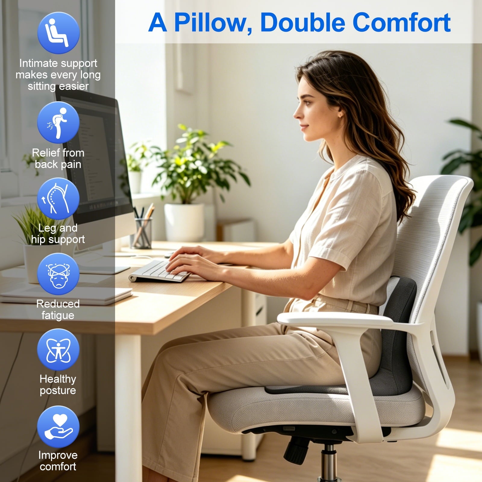 AMTPM Seat Cushion for Desk Chair, Breathable Non-Slip Office Chair Cushion, Ergonomic Back Support Pillow for Car, Home, Office - Relieve Tailbone & Sciatica Pain